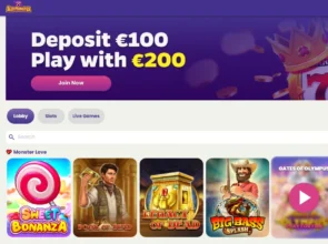 Online SlotMonster Casino promotion banner offering a deposit bonus with a selection of slot games displayed below.