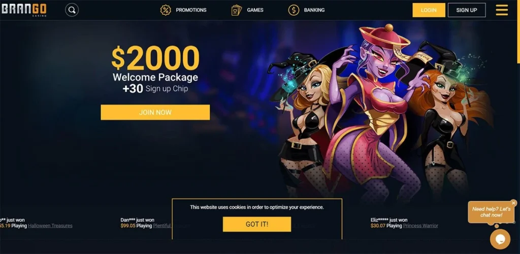 Brango Casino's online promotional webpage features animated characters promoting a $2000 welcome package and a bonus sign-up chip.
